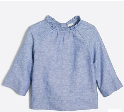 J crew crewcuts girls 3 T linen cotton blue top Blouse 3/4 sleeve ruffles Twins? - Image 1 of 4