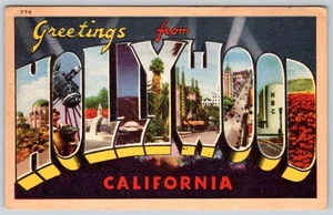 1946 saludos de Hollywood California vintage carta grande lino postal - Imagen 1 de 2