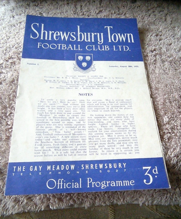 SHREWSBURY TOWN v WATFORD 18th Aug 1951 - First Of The season - Image 1 of 3