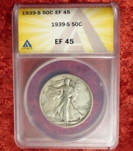 1939 S ANACS EF 45 Walking Liberty Silver Half Dollar, Silver 50-Cent Coin