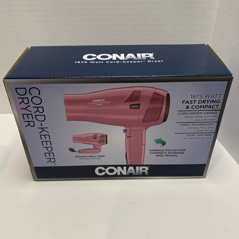 Conair 1875 Watt Cord-keeper Hair Dryer Retractable Cord Handle Folds Pink