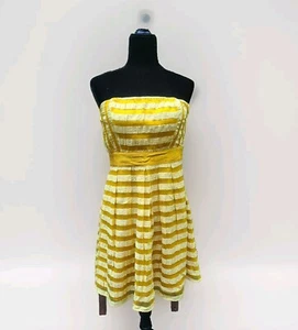 Strapless Striped Sundress Sz 8 Gold Mustard Yellow Rockabilly Retro Pin Up Look - Picture 1 of 16