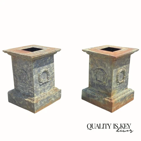 Pair Large Neoclassical Style Cast Iron Wreath Green Garden Urn Pedestal Base Cover