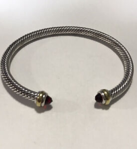 David Yurman Sterling Silver 5mm Cable Classic Cuff With 18k Gold And Garnet