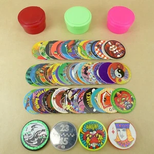 50 Pogs + 4 Slammers + Pog Tubes 1990s Retro Nostalgia! Milk Cap Pog Game 1990s - Picture 1 of 2