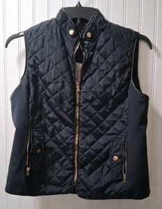 Women's Navy Vest SZ P L Pockets Gold Zip 2 Buttons On Top Of Zip White Lining - Picture 1 of 14