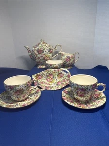 Royal Winton Summertime Chintz teapot/lid 2 cups and saucers, cream/sugar, Candy - Picture 1 of 16