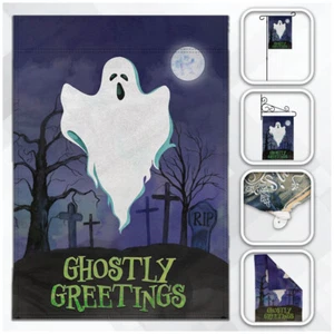 Halloween Garden Flag 12x18in Seasonal Garden Flag Ghostly Greetings Novelty - Picture 1 of 2