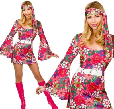 Ladies Retro Go-Go Hippie Flower Print Women's Fancy Dress Costume Hippy - Image 1 of 2