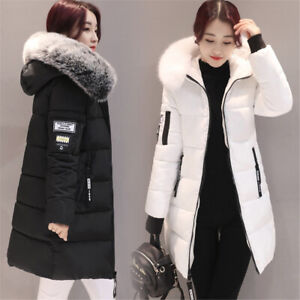 Lady Long Cotton Outerwear Jacket Fur Collar Parka Zip Chunky Puffer Coat Winter