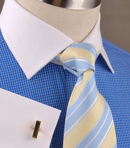 Camisa de vestir azul de diseñador a cuadros para hombre blanca en contraste puño francés cuello extendido - Imagen 1 de 11