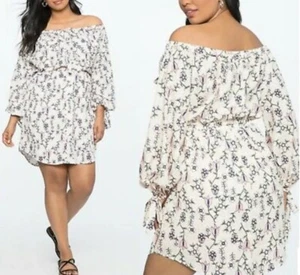 Eloquii Dress 16 Off The Shoulder Floral Pink Pocket Tie Plus Bishop Sleeve NWT - Picture 1 of 10