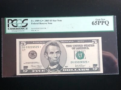 $5 2003 Star * Chicago PCGS Gem New 65PPQ  #DG03226525* FRN Banknote Fr. 1989-G* - Image 1 of 4