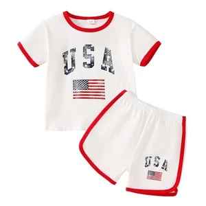 Toddler Boy/Girl 4th of July Outfit USA Tee Shirt Top+American Flag Shorts In... - Picture 1 of 7