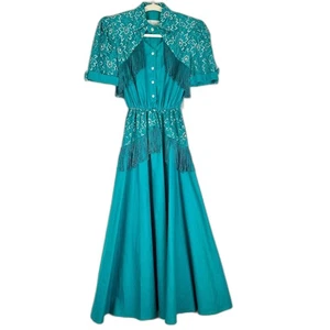 Lilia Smitty 80s Vintage Western Maxi Dress Size 3/4 Small Fringe Rodeo Lace - Picture 1 of 12