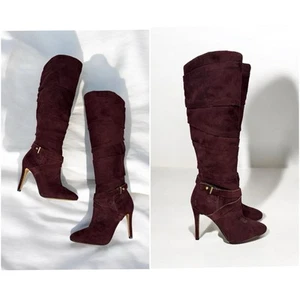 Guess Chocolate Brown Suede Leather Knee High Stiletto Boots Side Buckles US 6.5 - Picture 1 of 8