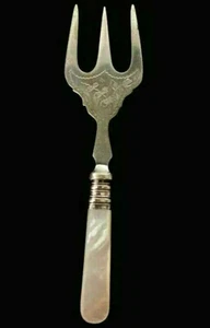 Antique Wingfield Engraved SilverPlate Mother Of Pearl Handle Trident Bread Fork - Picture 1 of 10