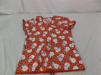 Peaches Christmas Snowman Pattern Red Scrub Top 6682 - Image 1 of 4