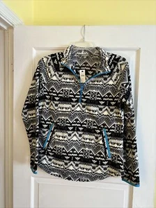 T By Talbots Blk/Gray/Ivory/Blue Pattern Stripe 1/4 Zip Pockets Fleece Top Sz XS - Picture 1 of 12