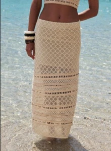 Zara Skirt Midi Women Medium Knit Beige Cream Pencil Lined Beaded T - Picture 1 of 10