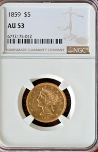 1859 PHILADELPHIA MINT Gold CURRENCY MONEY COIN $5 Half Eagle NGC AU53 - Picture 1 of 5