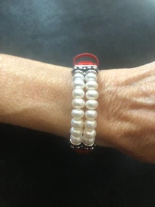 Honora Cultured Freshwater Pearl Leather & SS Bracelet, Red - Picture 1 of 4