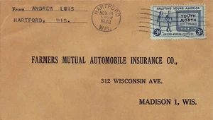Wisconsin Cover 1948 HARTFORD to Farmers Mutual Auto Ins Madison - Picture 1 of 3