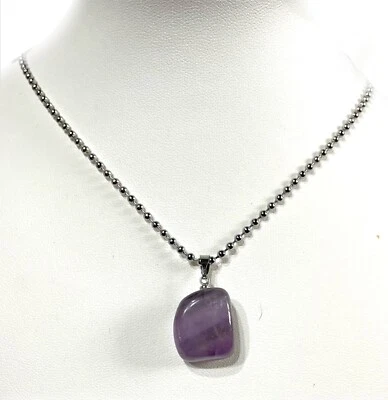 Free Form Amethyst Gemstone Tumble Pendant Stainless Steel Ball Chain Necklace - Image 1 of 3