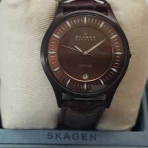 Skagen Men's Titanium Case Brown Dial Brown Leather Quartz Watch 342XLTMD - Picture 1 of 1