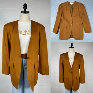 Vintage Rust Linen Minimalist Blazer Longline Collarless Power Suit Jacket L 12 - Picture 1 of 11
