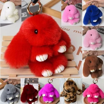 Adorable Fur Fluffy Bunny Rabbit Plush Toy Keyring Bag Charm Pendant Keychain - Image 1 of 4