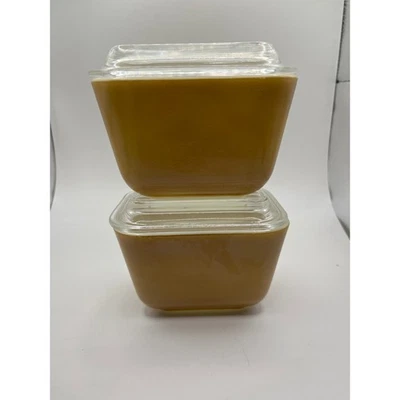 Pratos de armazenamento Pyrex vintage âmbar com tampas conjunto de 2 utensílios de cozinha retrô - Imagem 1 de 4