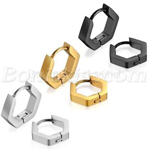 2pcs Stainless Steel Hexagon Geometry Mens Womens Hoop Huggie Ear Studs Earrings