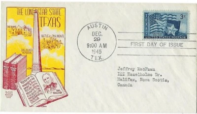 3 '45 FDCs 100th Anniv. Texas Sthd Lowrey, Bi-Color, Grimsland SC#938 CV$33 - Image 1 of 3