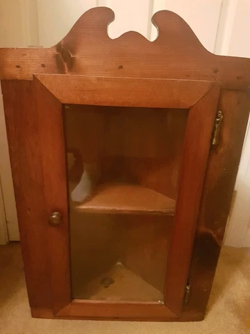 Stained Pine Hanging Corner Cabinet with Glass Front. Beautiful Cupboard! Cover