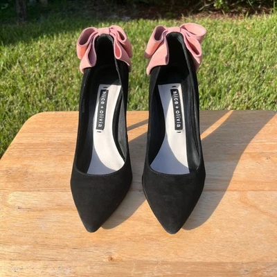 Alice + Olivia Black Velvet Pink Bow Stiletto Pumps Size 37 / US 6.5 - Image 1 of 4