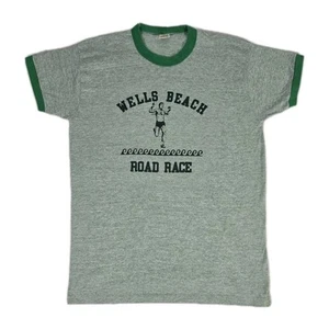 Vintage 1970s WELLS BEACH ROAD RACE on Russell Athletic Ringer Green T-Shirt L - Picture 1 of 7