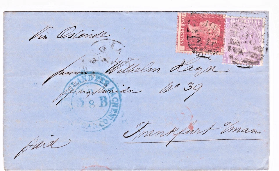 1868 QV FINE 1dRED PLUS 6d VIOLET STAMP PLATE6 ON LONDON WRAPPER TO FRANKFURT — 第 1/3 张图片