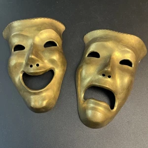 Vtg Brass Comedy Tragedy Drama Mask Theater Happy Sad Face Wall Decor 7" India - Picture 1 of 8