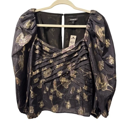 Blusa Plisada Express Negra y Dorada Floral Manga Abullonada Talla XS. Nuevo con etiquetas Foto 1 de 4