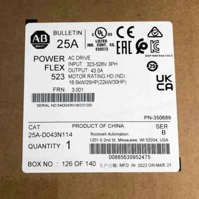Allen Bradley 25A-D043N114 PowerFlex 523 22kW 30Hp AC Variable Frequency Drives - Image 1 of 3