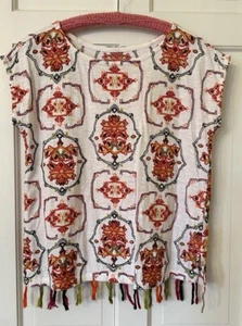 Soft Surroundings Colorful Embroidered Fringe Short Sleeve Cotton Top M L - Picture 1 of 6