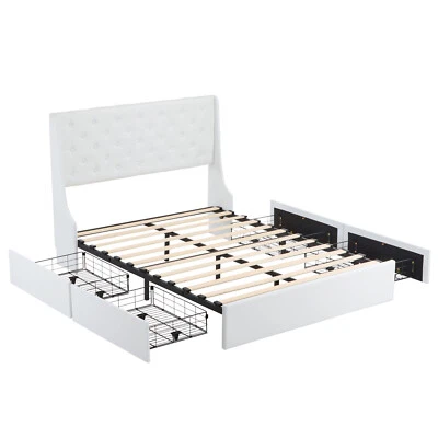 Marco de cama tapizado con plataforma queen almacenamiento 4 cajones soporte de listones de madera beige Foto 1 de 4