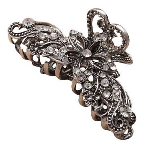 Silber Kristall Blumen Haar Klammer Clip Griff Greifer Vintage Style 7.5cm Breit