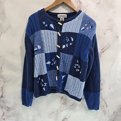 Cárdigan Vintage Mujer Grande Azul Años 90 Patchwork Suéter Madera Palanca Hoja Plantada Foto 1 de 4