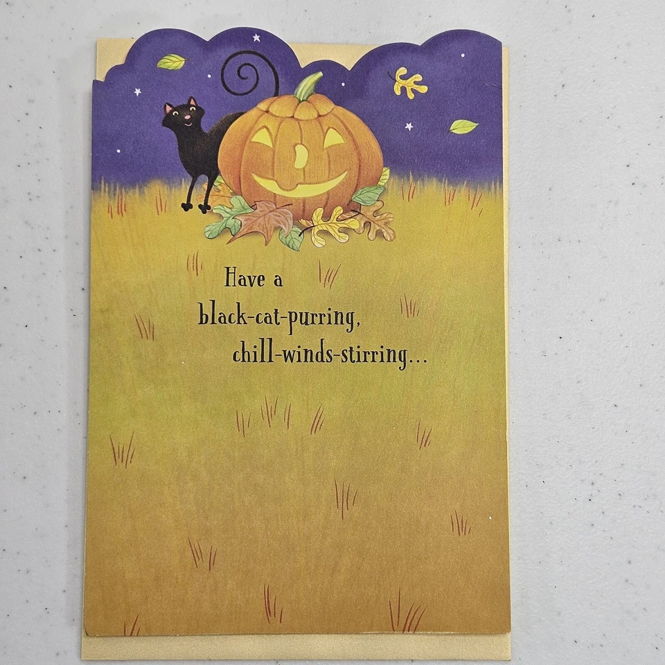 Tarjeta de felicitación Hallmark Halloween 8"x5.5" gato calabaza ronroneo con sobre hecha en EE. UU. Foto 1 de 4