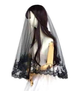 Women Wedding 140cm Halloween head hair Black Trim Lace Party Veil Without Comb - Picture 1 of 12