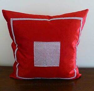 Red velveteen and silver rhinestones cushion cover 45 x 45