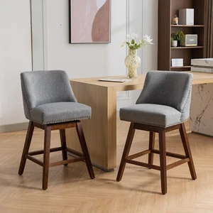 Set of 2 Bar Stools 26'' Height Swivel Fabric Counter Height Pub Bar Chairs Gray - Picture 1 of 12