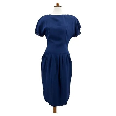 Винтажный 1990-х шелк платье Argenti синий размер 8 короткий рукав падение талии женщин - Изображение 1 из 4